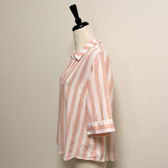 J Crew Peach White Stripe V Neck Button Down 1/2 Sleeve Blouse XL Cotton Collar - Picture 5 of 9